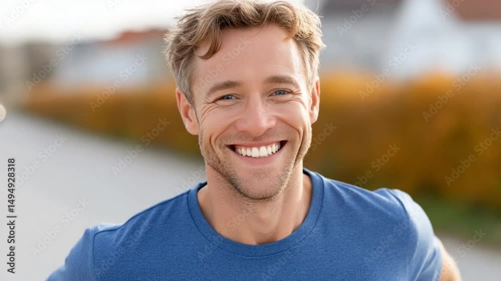 Joyful Portrait: A handsome man exudes genuine happiness, with a warm smile as he stands on a blurred background, conveying positivity and optimism.