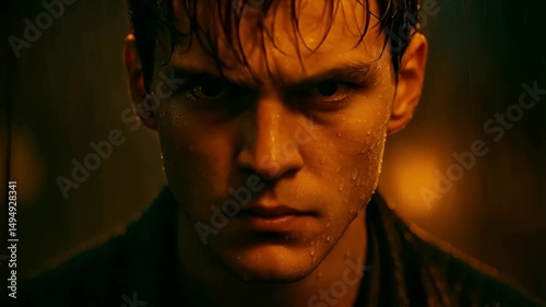 Wet man stares intensely in rain, close-up of determined face in dramatic light. Generative AI