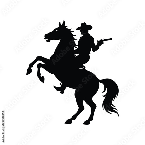 Silhouette of a Cowboy Riding a Rearing Horse Wild West Vector Illustration