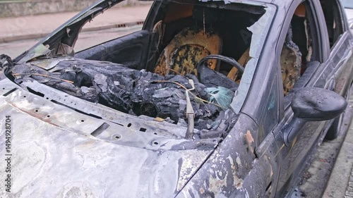 Car Wreck Burned during City Riots Set On Fire by Arson