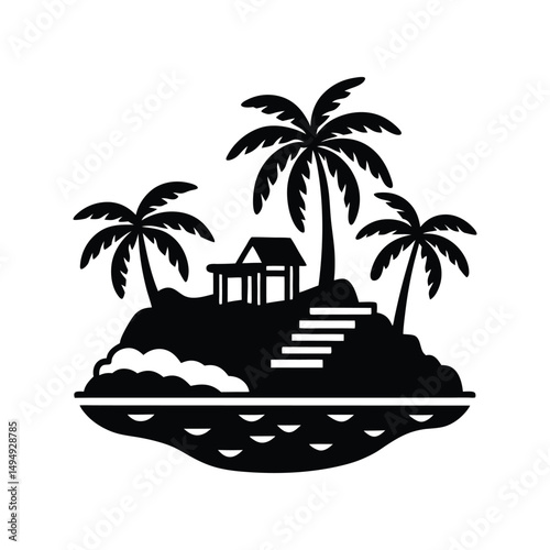 Tropical Island Paradise Silhouette Illustration of a Small Island with Palm Trees and a House