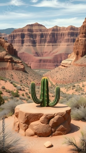 Podium shaped like a cactus in a dry canyon landscape