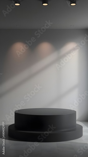 A two-stage black marble podium in a minimalist room with soft shadows
