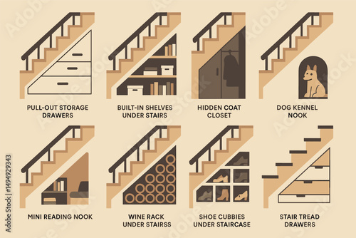 Home organization icons set – flat, storage, design and space-efficient symbols