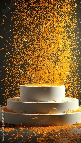 Gold confetti falling on white two tier display