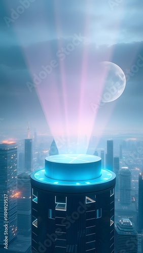 Futuristic city rooftop with neon lights and moon