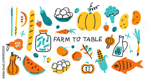 Local food, Farmer's market concept. Street food market booth with vegetables and fruits. Doodle style hand drawn vector illustration.
