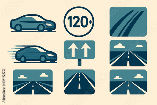 Transportation and road flat icons set – silhouette, highway, travel elements