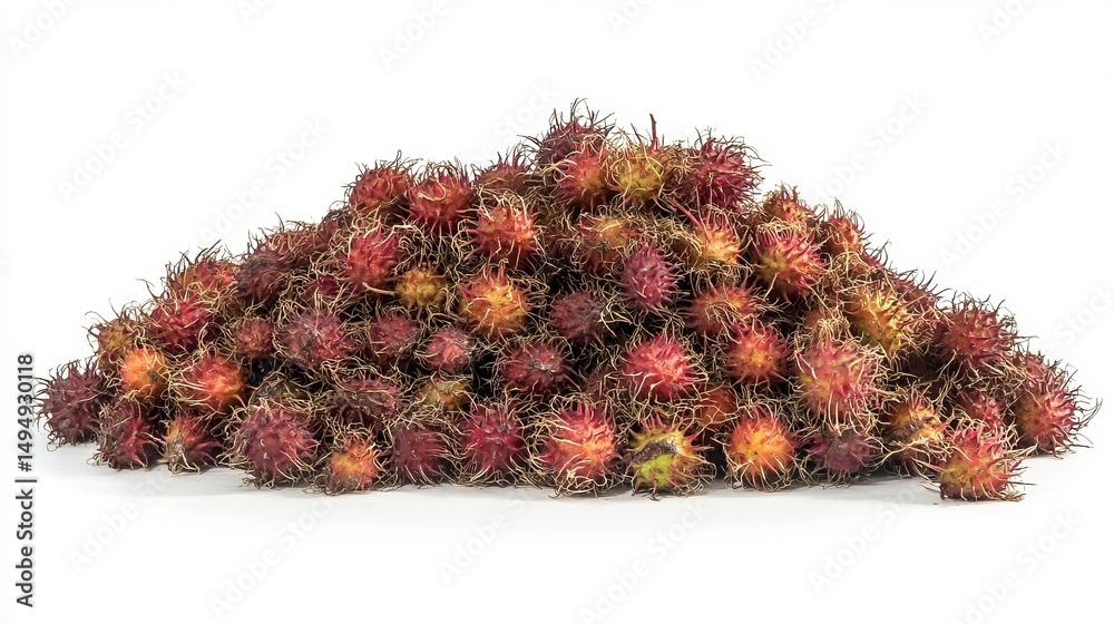 Fototapeta premium A large pile of rambutan fruits with red and yellow hues on a white background studio shot image