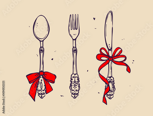 Coquette Wedding elements set decorated with coquette bows, ribbons. Fork, spoon, knife Elegant vintage cutlery with bow. Hand drawn line art vector illustrations