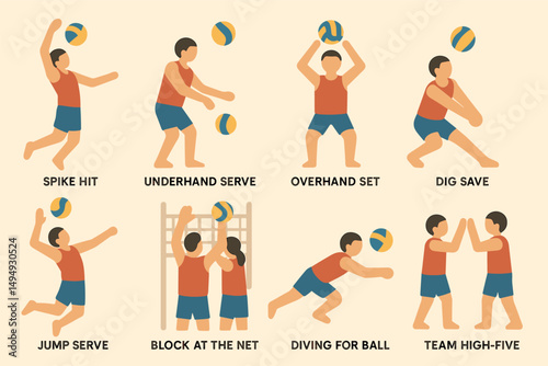 Volleyball flat icons set – digital, graphic, sport activity symbols