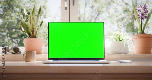 Modern laptop open animation with green screen and smooth zoom-out. Set on a bright desk. Ideal for chroma key. Includes luma matte, tracking clip. last 120 frames of clip are seamless loop.