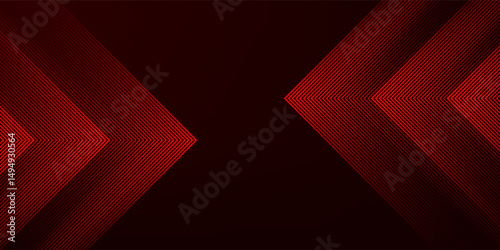 Fototapeta Naklejka Na Ścianę i Meble -  Abstract red neon arrow light glow background. Futuristic cyber laser line motion banner for casino. Dynamic techno perspective beam 3d graphic design. Cool party power and energy boost led tunnel
