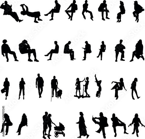 Set of 32 people silhouettes — walking, sitting, dancing, and posing. People in various poses, including sitting, leaning, walking, running, and engaging.
