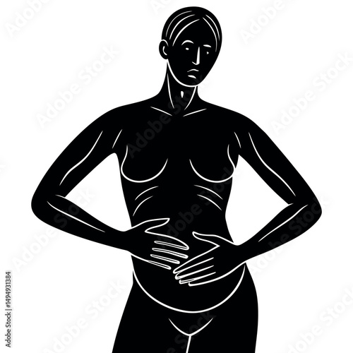 Solid Silhouette of Body with Stomach Pain Highlight