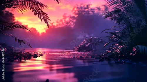 Vibrant sunset over a tranquil tropical river, reflected in calm water, framed by lush foliage