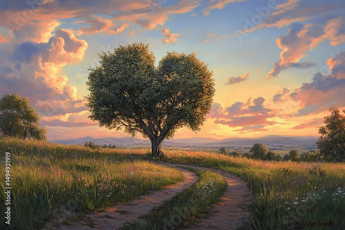 Romantic sunset illuminating a heart-shaped tree in a golden field landscape