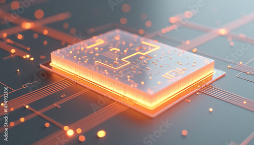 A compact processor module emits a warm orange light atop a detailed circuit board under studio lighting.