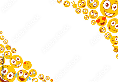 Funny emoji background with empty blank space for text. Frame with cartoon colourful faces. Happy, surprise and naughty emotion isolated on white. Vector
