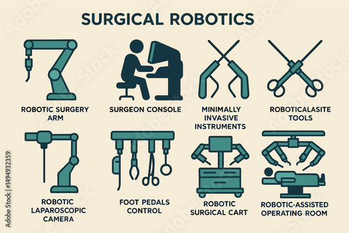 Surgical robotics icons set – solid, filled, medical and healthcare technology symbols