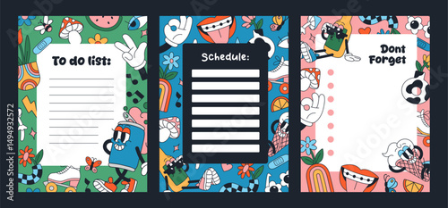Set of retro to do lists designs. Templates of todo, checklist, schedule in groovy style. Funky layouts of sticky posts, memos, notes, task sheets, stickers for planning. Flat vector illustrations