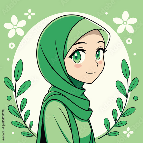Anime style illustration of a muslim woman wearing a green hijab with floral background elements