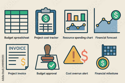Financial management icons set – flat, budget, accounting tools and analysis symbols