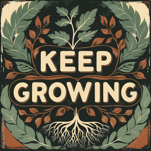 Keep Growing Inspirational Botanical Art Print Dark Green Brown Cream Vintage Style Typography Motivational Poster Design Artistic Floral Illustration Nature Roots Growth Success Development Positive 
