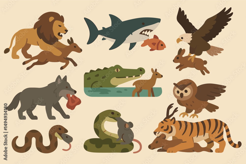 Obraz premium Wildlife and predators icons set – flat, filled, nature and animal symbols