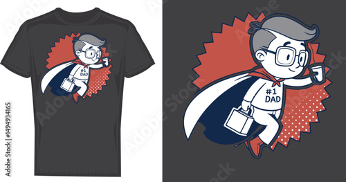 #1 Dad Superhero Tee: A dynamic graphic on a tee showcases a cartoon illustration of a superhero dad, celebrating fathers with playful charm and a heroic spirit.