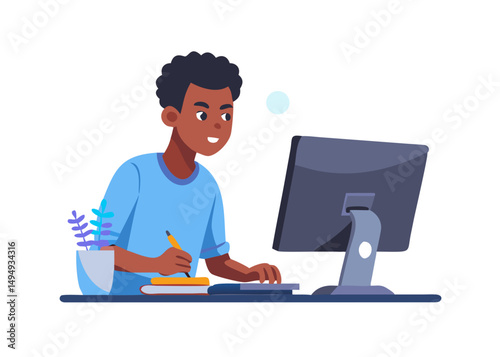 Work on the computer concept. Vector cartoon illustration of a young black man who performs the tasks assigned to him while working on a computer. 