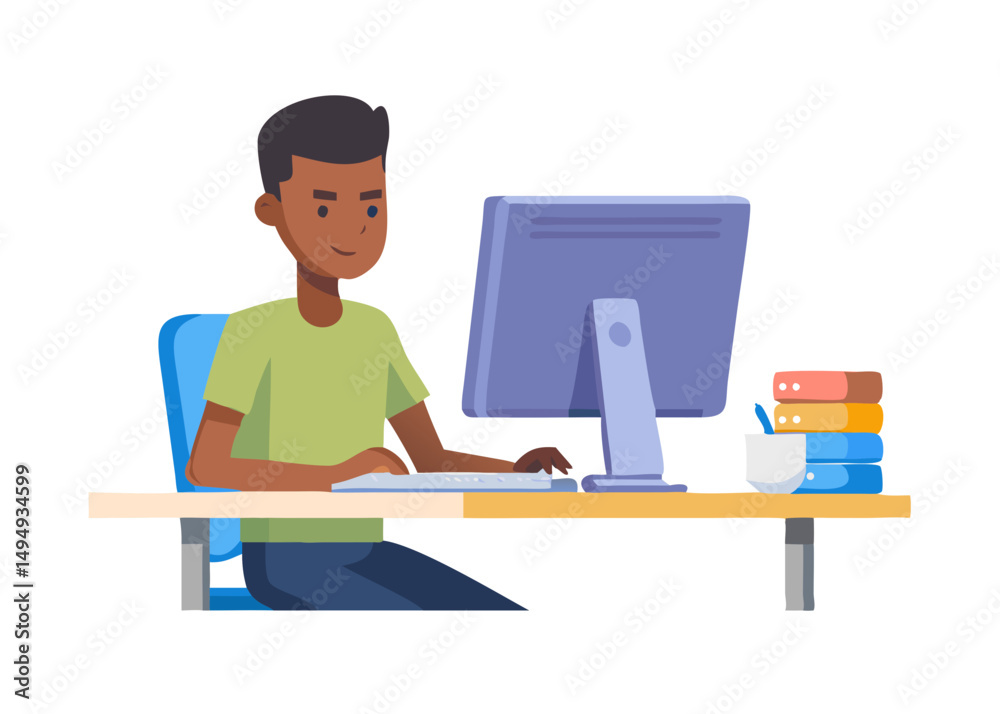 Work on the computer concept. Vector cartoon illustration of a young black man who performs the tasks assigned to him while working on a computer. 