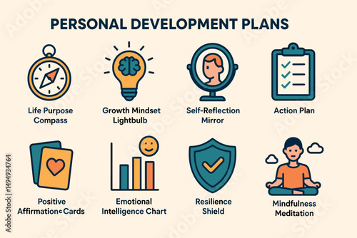 Personal development icons set – flat, filled, growth and self-improvement symbols