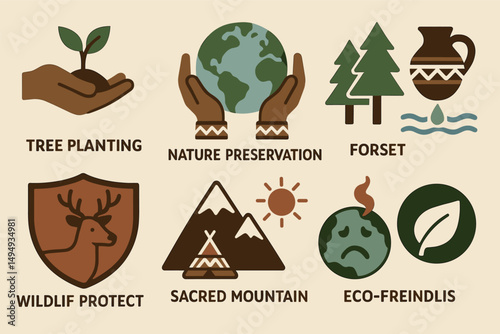Environmental conservation flat icons set – nature, ecology, green initiatives
