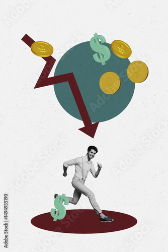Pop art image collage of inexperienced businesswoman businessman stand arrow decline dollar loss crisis inflation coin bankrupt
