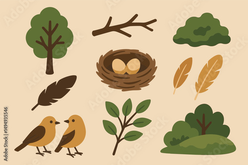 Nature and wildlife icons set – flat, filled, plants and birds collection