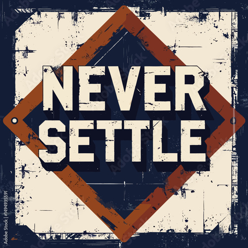Motivational Never Settle Typography Poster Design Grunge Texture Background Bold Inspirational Vintage Style Retro Dark Blue Cream Brown White Text Graphic Design Element Perfect for Print Web Social