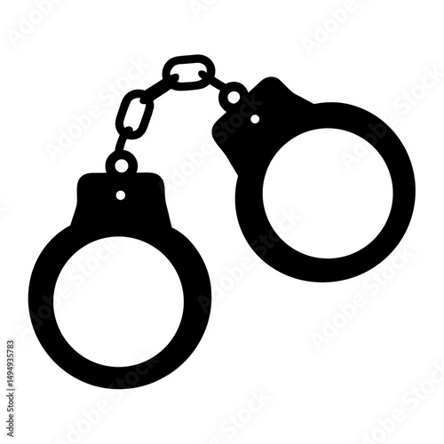 A black silhouette of handcuffs linked by a chain, isolated on white