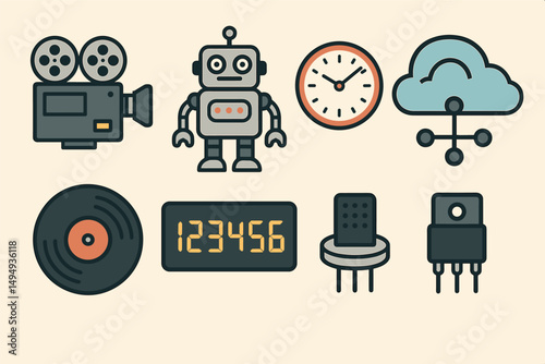 Retro technology icons featuring robot, film camera, and vinyl record