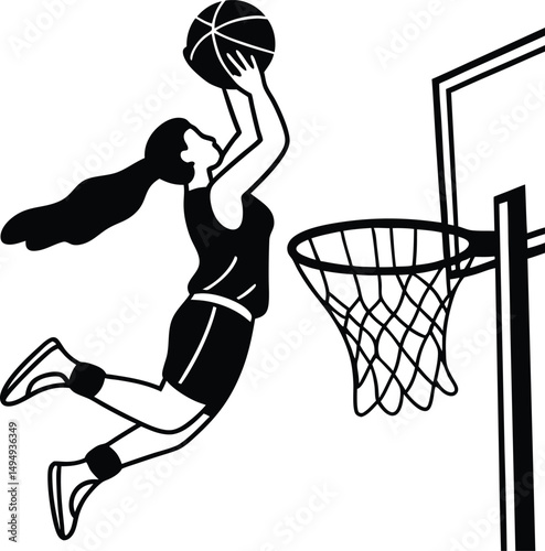 A black and white illustration of a woman jumping to shoot a basketball into a hoop with a net