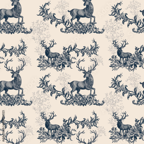 Bohemian seamless pattern featuring blue sketches of deer and flowers on a beige background. Vector ornament with seam reindeer