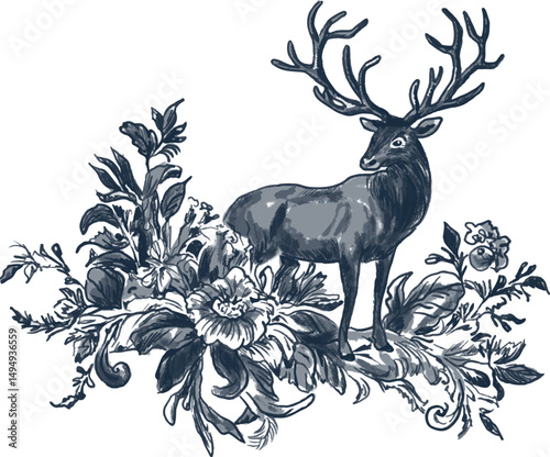 Freehand vector vintage featuring a blue deer and flowers highlighted on a white background. The texture of writing materials. Handwritten valentines and pencil strokes. A hand-drawn reindeer