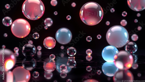 Floating transparent spheres with colorful reflections on dark background