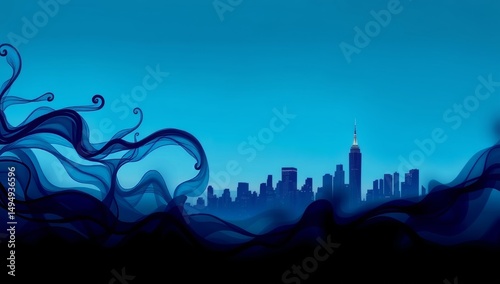 Blue cityscape silhouette with abstract swirling patterns and skyline view