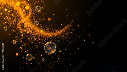 Glowing orange particles and bubbles in dark abstract space background