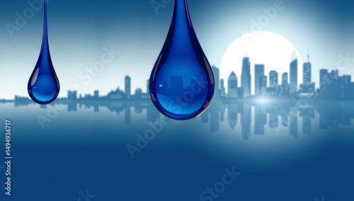 Blue water drops reflecting urban skyline at night with full moon