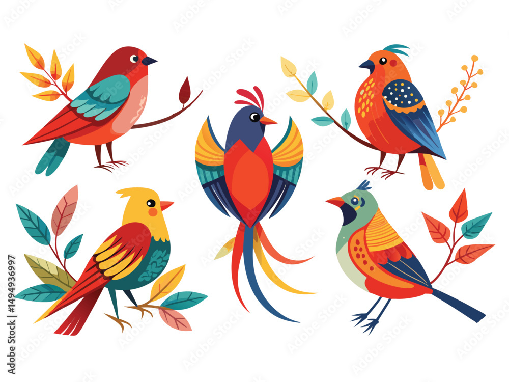 Collection of five colorful birds on branches with leaves
Collection of five colorful birds on branches with leaves
