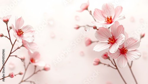 Delicate pink cherry blossoms in soft focus with dewdrops on branches