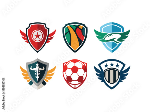 Six sport team logos with shields and wings design
