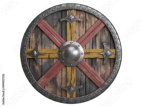 Detailed render of a vintage viking wooden shield with metal accents against a black background